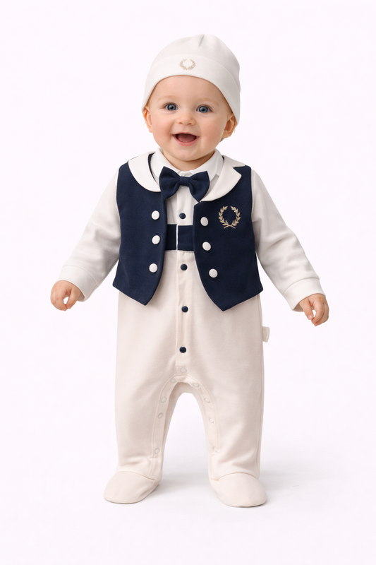 Eleganter Baby Jungen Strampler mit Weste & Mütze – Festliches Outfit in Dunkelblau/Weiß 🎩