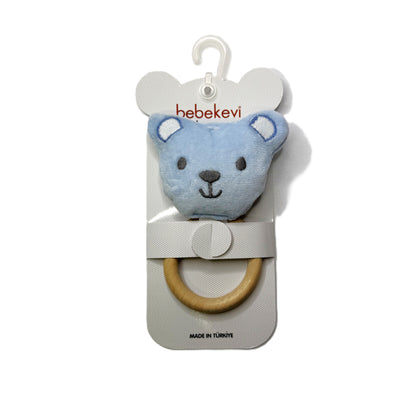 Baby Rassel Bär – Holzring mit Stoffkopf in Blau, Weiß & Rosa