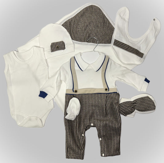Baby Jungen 7-teiliges Erstlingsset – Elegantes Outfit mit Hosenträger-Look & Accessoires