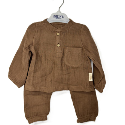 Baby Zweiteiler Set aus Muselin – Oberteil mit Knopfleiste & Tasche + Hose (3 Farben)
