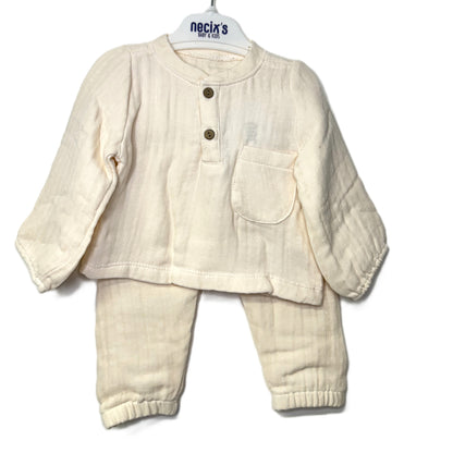 Baby Zweiteiler Set aus Muselin – Oberteil mit Knopfleiste & Tasche + Hose (3 Farben)