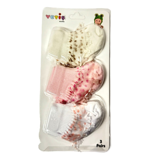 Babysocken 0–6 Monate – 3er Set Rosa/Weiß/Creme mit Punkten