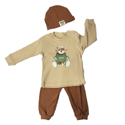 Baby Outfit 3-teilig – Teddy Motiv mit Mütze, Shirt & Hose (Beige/Braun)