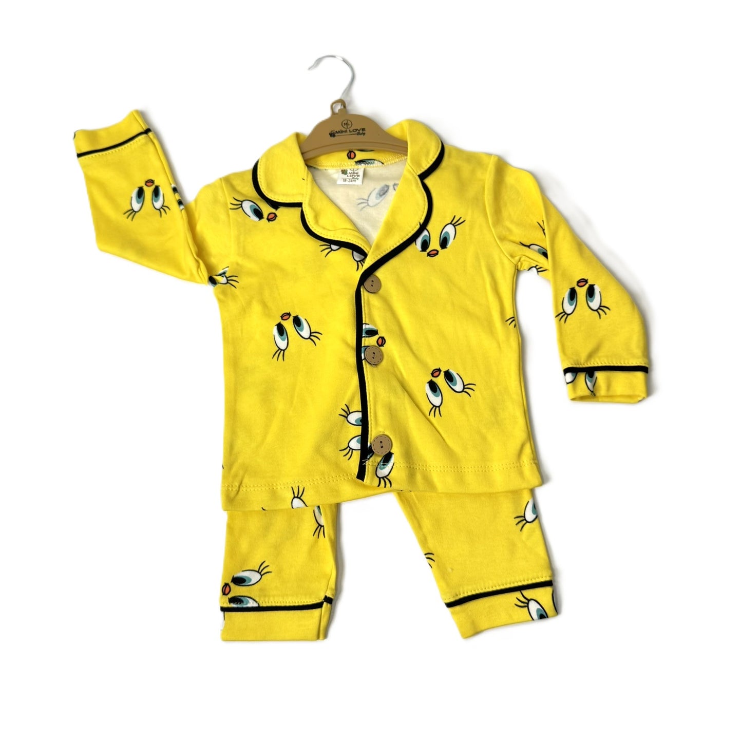 Baby Pyjama in Gelb mit Cartoon-Augen Print – 2-teilig - Unisex