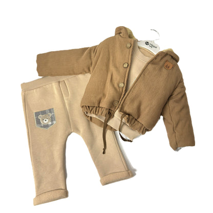 Baby Outfit 3-teilig – Jacke, Sweatshirt & Hose mit Teddy-Applikation (Beige/Braun)