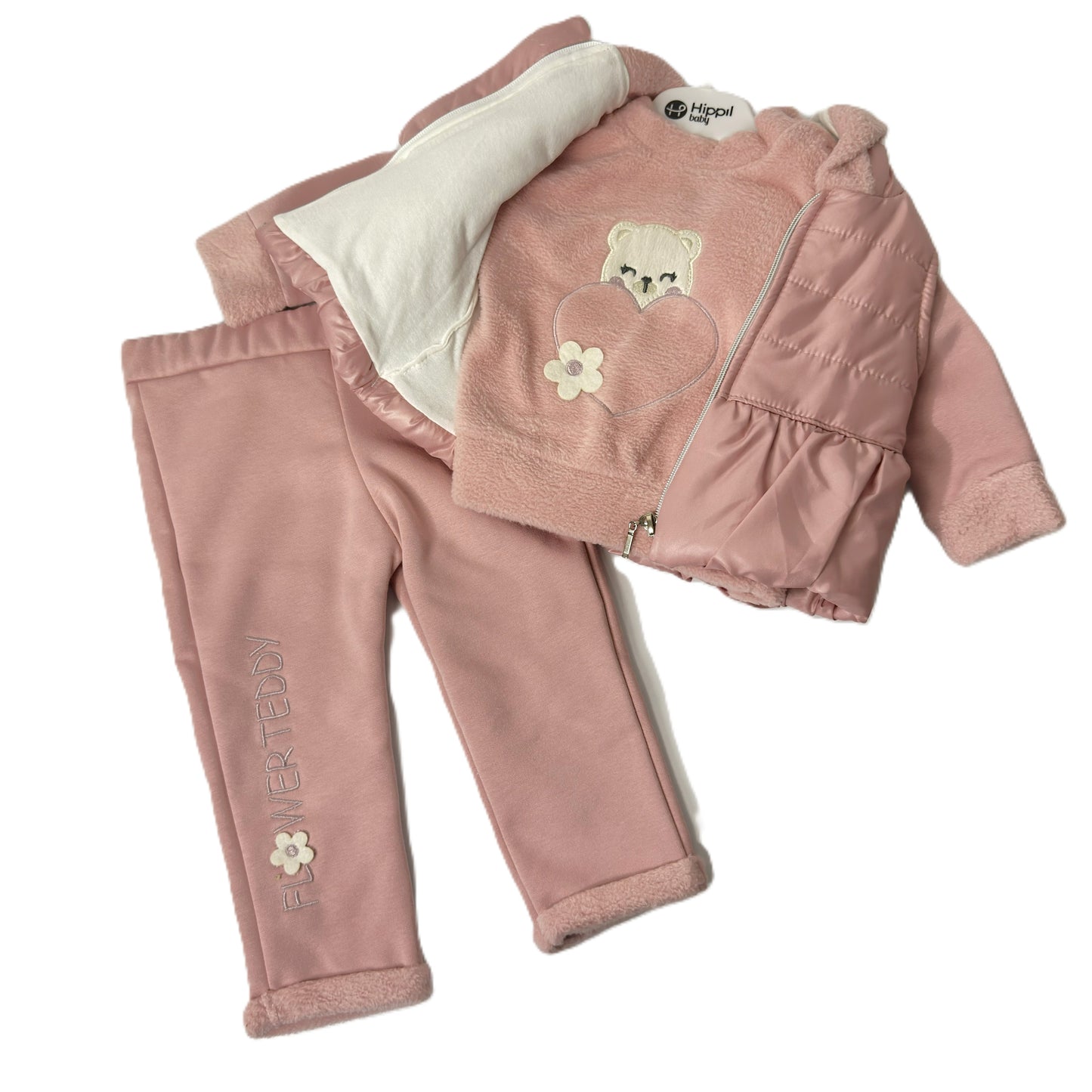 3-teiliges Baby Outfit in Rosa – Jacke, Pullover & Hose mit Teddy-Motiv