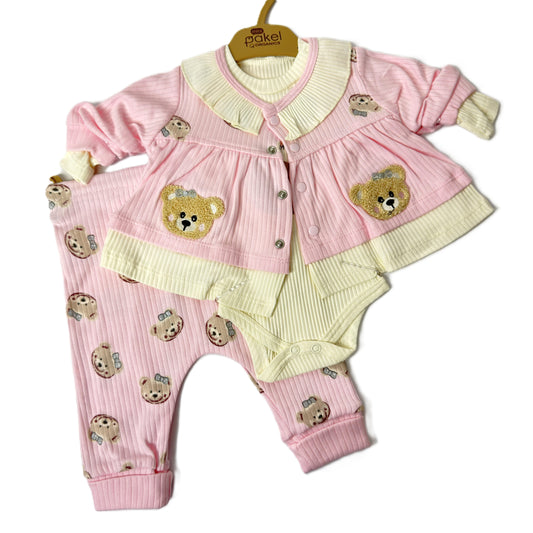 3-teiliges Baby Outfit in Rosa – Strickjacke, Body & Hose mit Teddy-Motiven