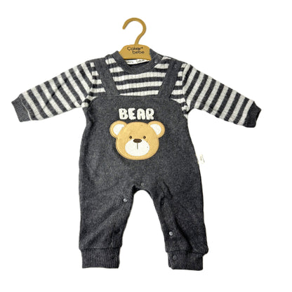 Baby Strampler – Grau gestreift mit Bärenmotiv „BEAR“