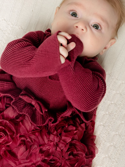 Nipperland Baby Mädchen Kleid Bordeaux mit 3D-Blumen & Stirnband