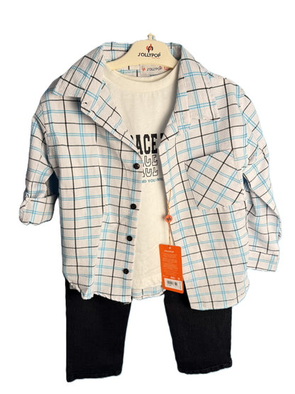 Jungen 3-teiliges Outfit Set mit Hemd, T-Shirt & Jeans – 2 Farben