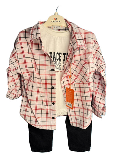 Jungen 3-teiliges Outfit Set mit Hemd, T-Shirt & Jeans – 2 Farben