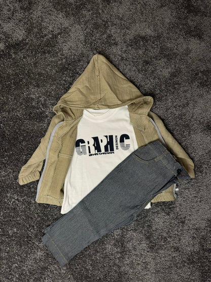 Jungen 3-teiliges Outfit Set mit Hoodie, T-Shirt & Jeans – 2 Farben