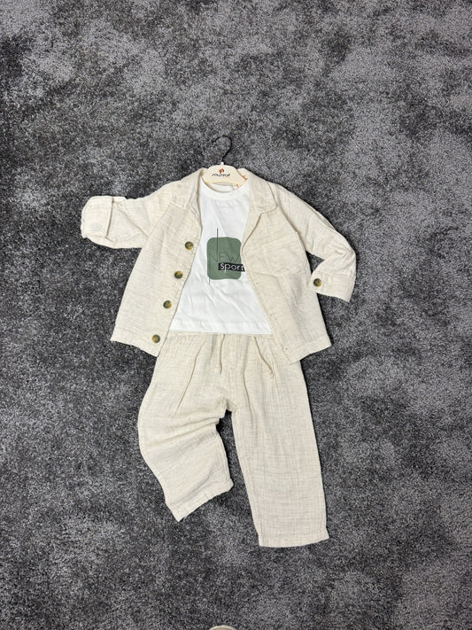 Jungen 3-teiliges Outfit Set mit Hemd, T-Shirt & Hose – Leinen Look