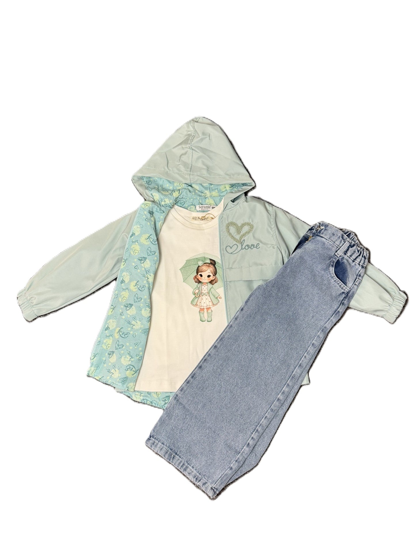 Mädchen 3-Teiler Outfit mit Jeans, Print Shirt & Kapuzenjacke