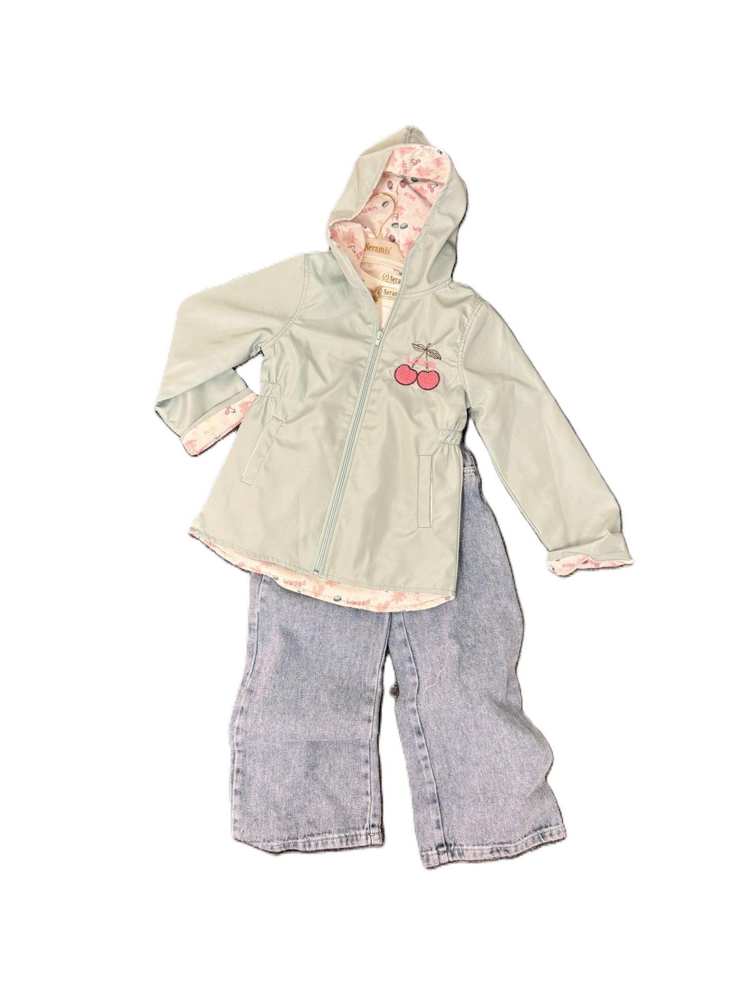 Mädchen 3-Teiler Outfit mit Jeans, Print Shirt & Kapuzenjacke (Kirsch-Design)