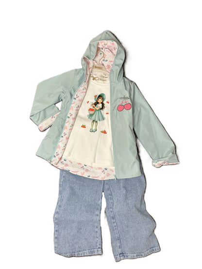 Mädchen 3-Teiler Outfit mit Jeans, Print Shirt & Kapuzenjacke (Kirsch-Design)
