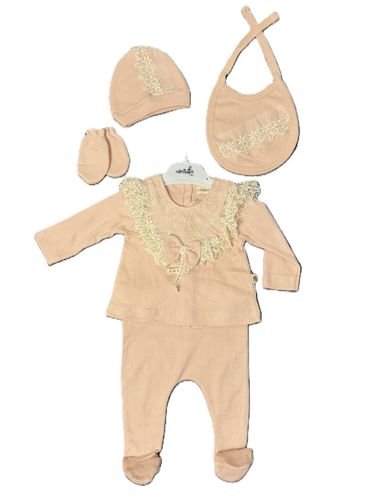 Baby Mädchen 5-Teiler Erstlingsset mit Spitze & Schleife