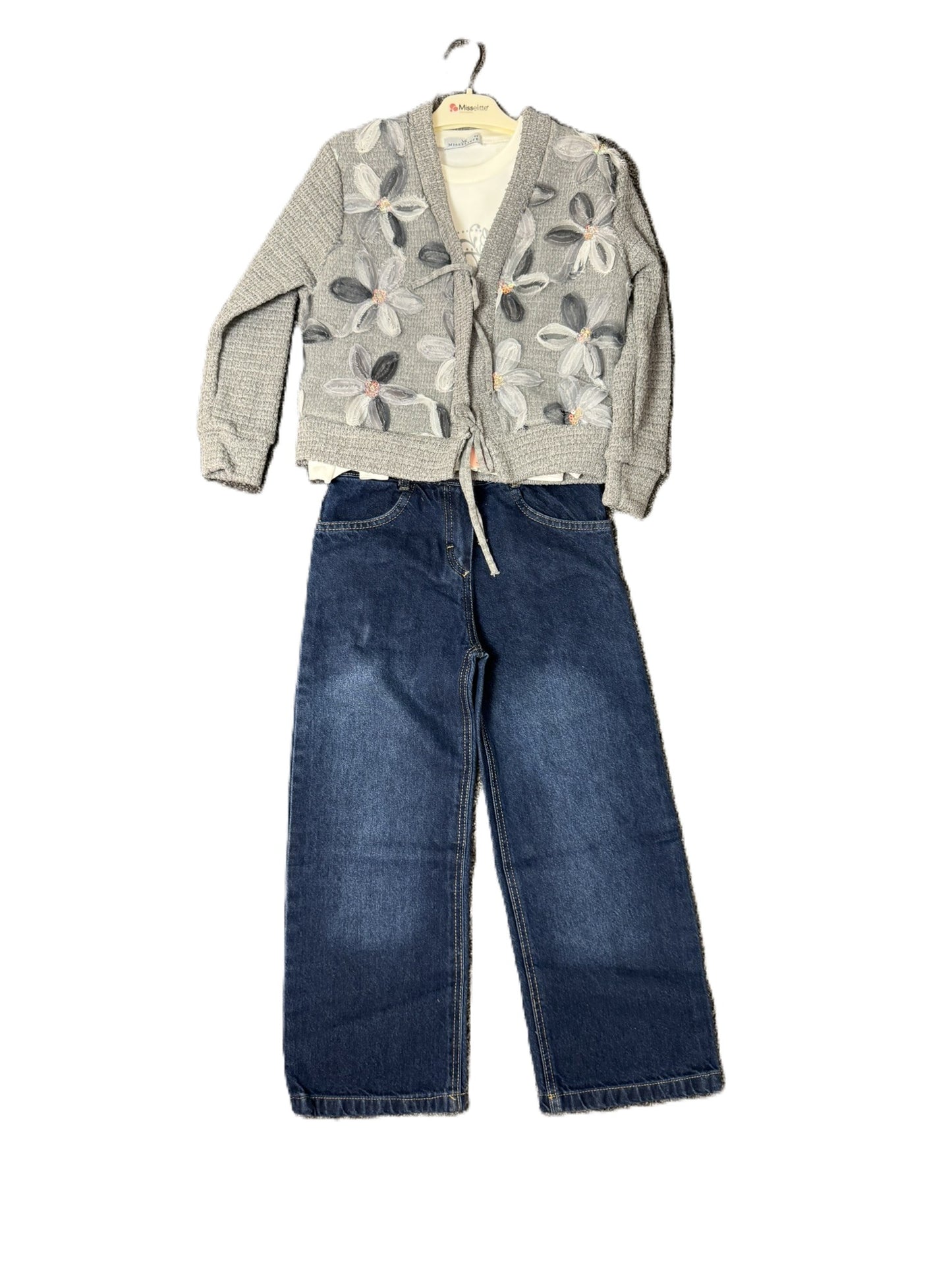 Mädchen 3-Teiler Outfit mit Jeans, Strickweste & Langarmshirt