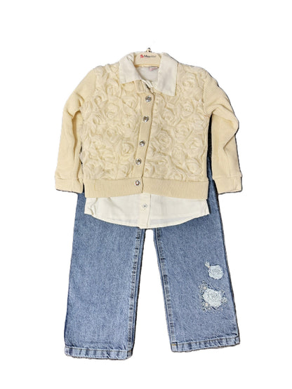 Mädchen 3-Teiler Outfit mit Jeans, Hemd & Strickweste