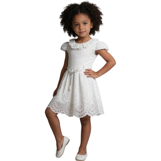 Mädchen Kleid mit Gürtel & Spitze – in Creme & Weiß erhältlich