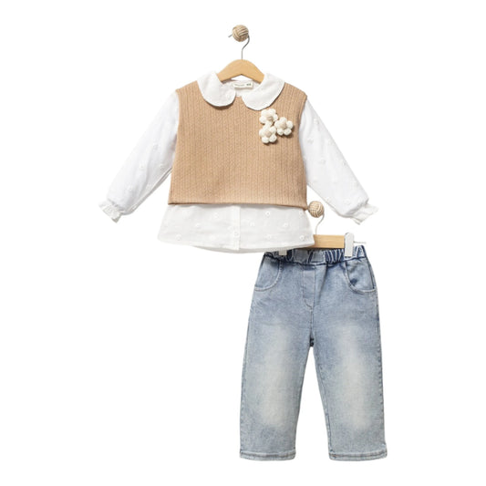 Mädchen Set Bluse Strick & Jeans 3-teilig
