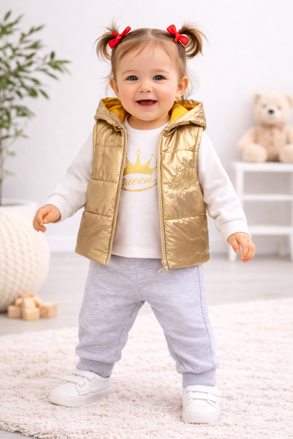 Babymädchen 3-teiliges Outfit – Shirt, Hose & goldene Weste