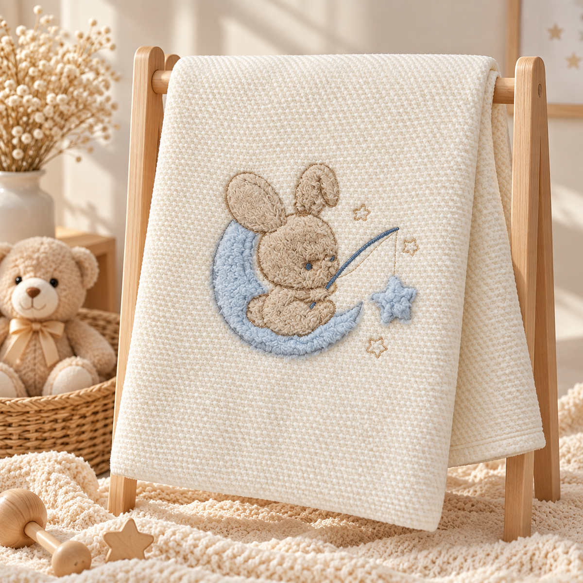 Kuschelige Babydecke „Bunny Moon“ – gefüttert & extra weich | Rosa oder Hellblau