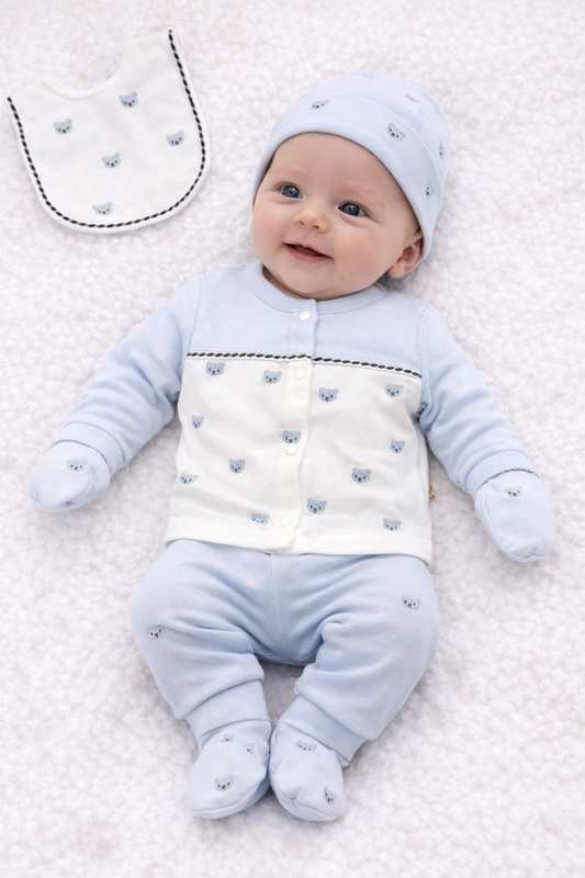 5-teiliges Baby Jungen Set | Blau-Weiß | Süße Bärchen-Stickerei