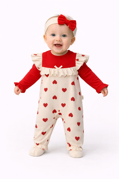 Süßer Baby Mädchen Strampler mit Herzen & Stirnband | Langarm | 2-teilig