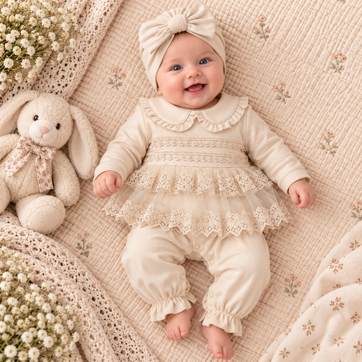 Baby Strampler mit Spitzenbesatz