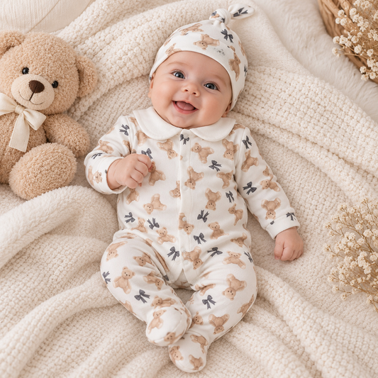 Babyjungen Strampler mit Mütze & Teddybär-Motiv