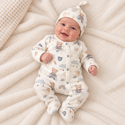 Babystrampler Creme Teddybär mit Mütze