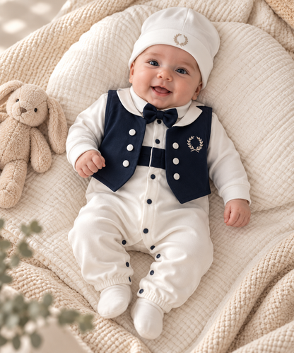 Eleganter Baby Jungen Strampler mit Weste & Mütze – Festliches Outfit in Dunkelblau/Weiß 🎩