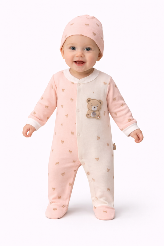 Baby Strampler mit Mütze – 2-teilig | Rosa & Blau | Mit süßem Bärchen-Motiv
