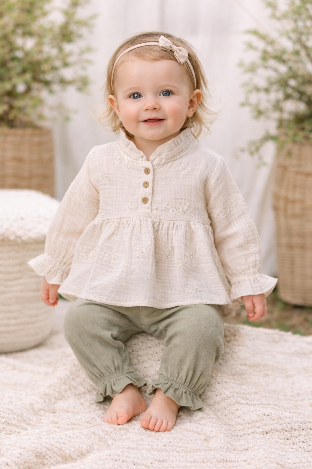 Zweiteiliges Baby-Mädchen Outfit aus weichem Musselin – Bluse & Hose in Naturfarben