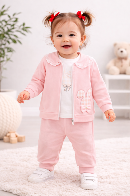 Babymädchen 3-teiliges Outfit – Langarmshirt, Hose & rosa Jacke