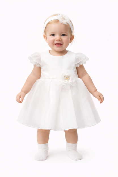 Elegantes Baby Mädchen Kleid Set – 3-teilig | Festkleid inkl. Stirnband & Schuhe | Weiß