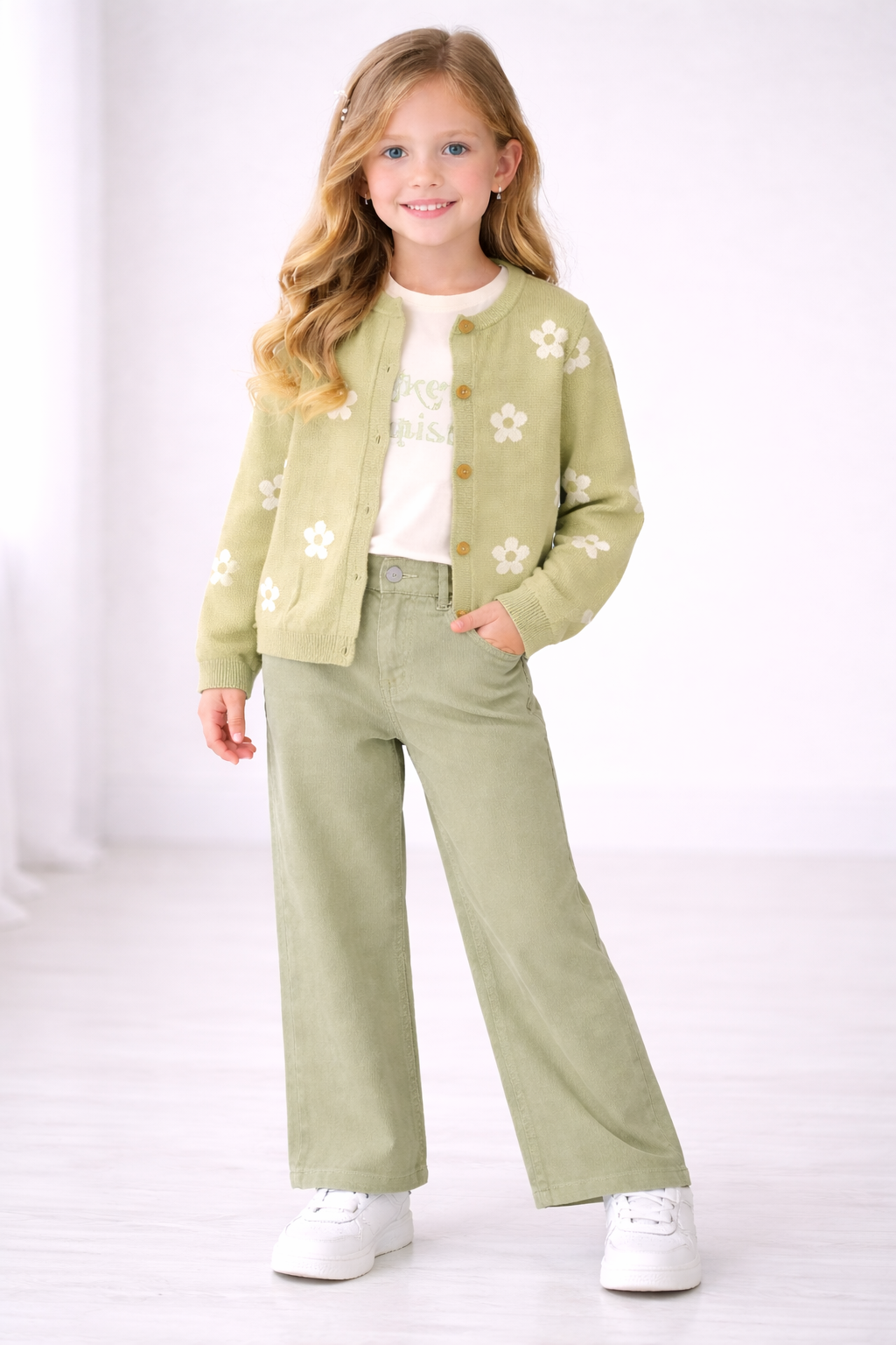 3-teiliges Mädchen Outfit – Strickjacke, T-Shirt & Hose in Pistaziengrün – 100% Baumwolle