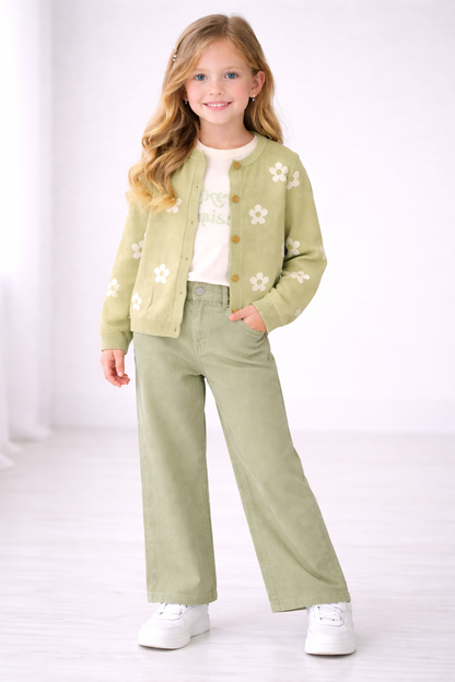 3-teiliges Mädchen Outfit – Strickjacke, T-Shirt & Hose in Pistaziengrün – 100% Baumwolle