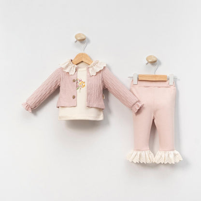 Süßes Baby Mädchen Set mit Strickjacke & Rüschen | 3-teiliges Outfit