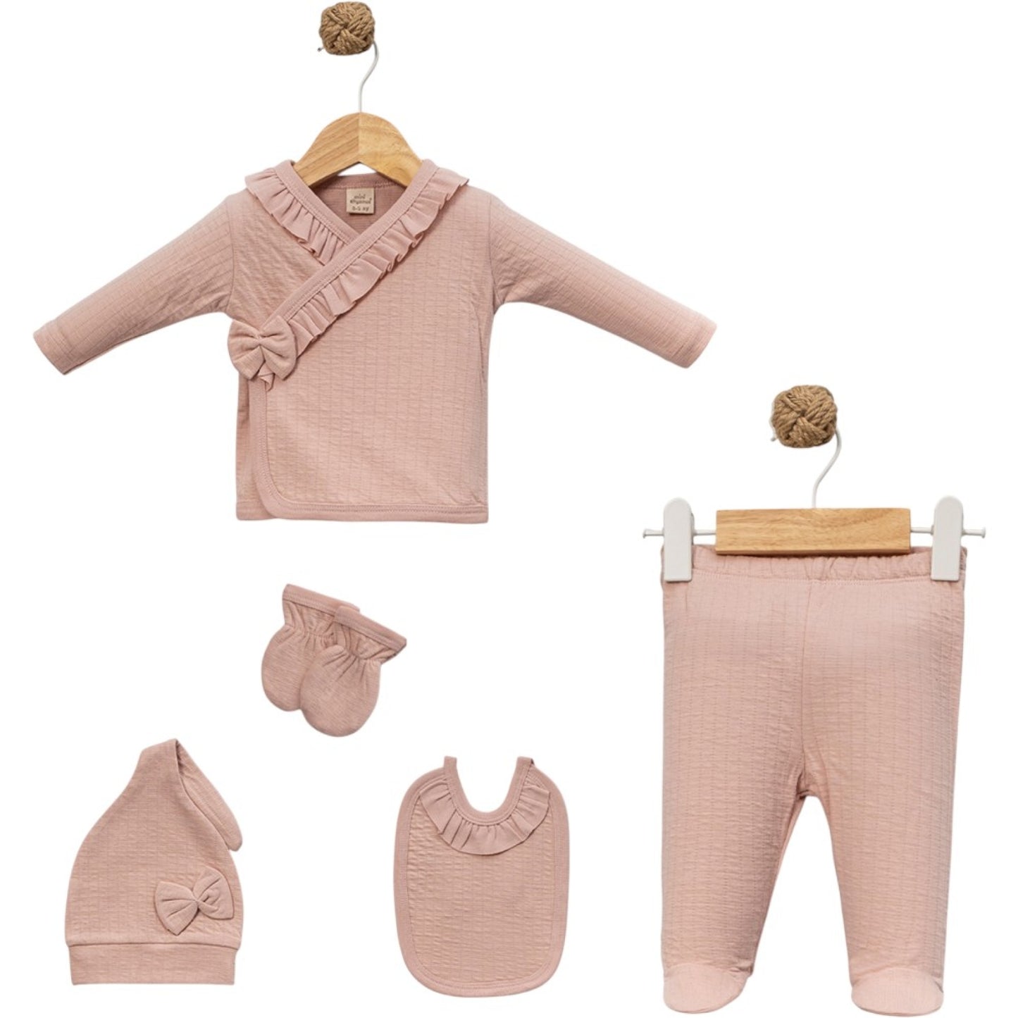 Baby Mädchen Erstlingsset 5-teilig aus 100% Baumwolle mit Schleifen-Detail