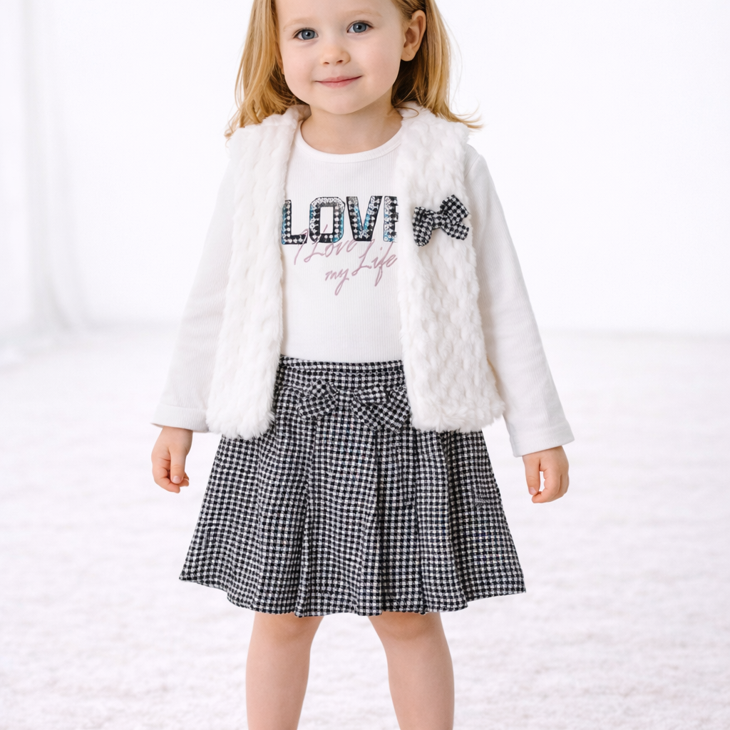 Dreiteiliges Outfit für Mädchen – Rock, Oberteil & Weste 👧✨