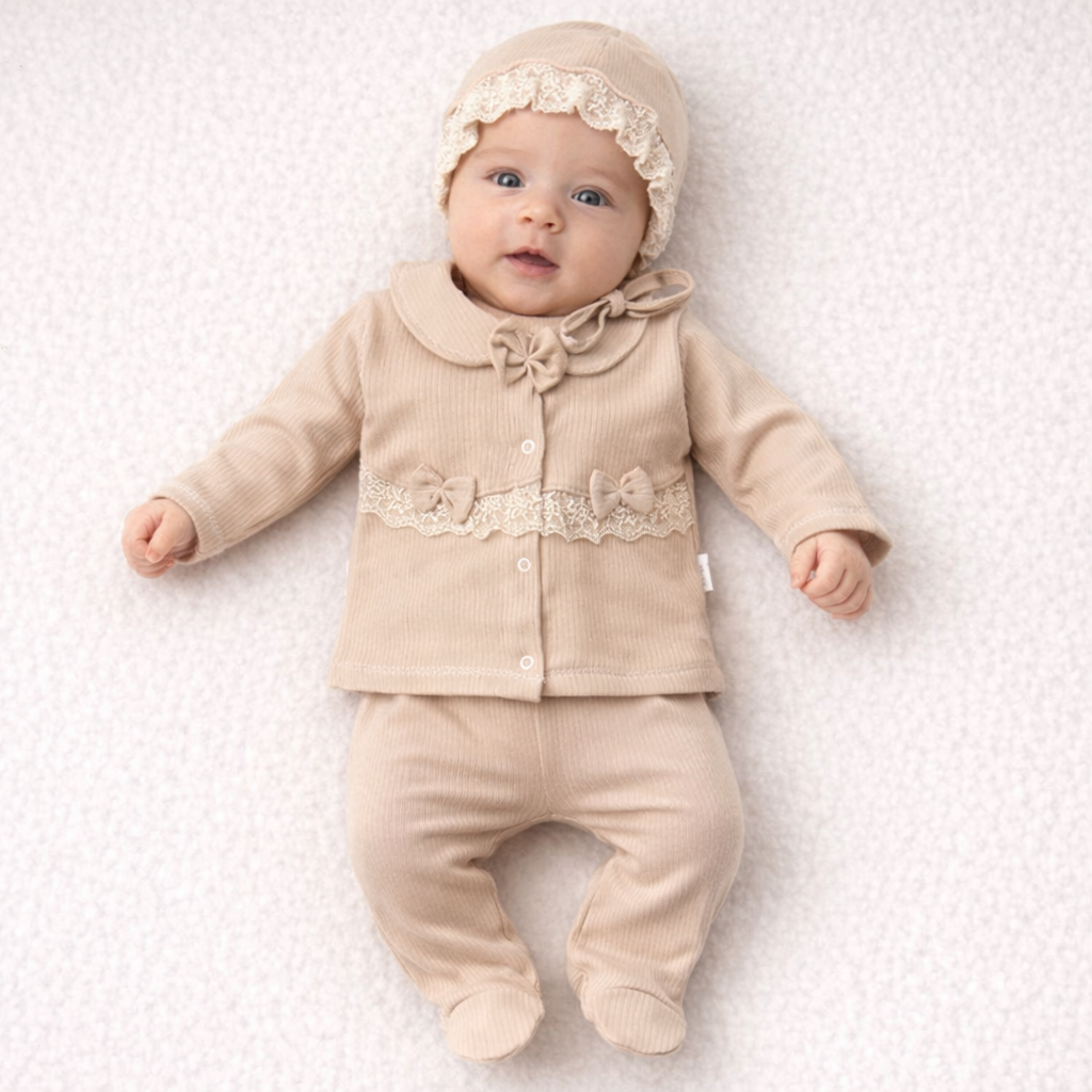 Baby Mädchen Erstlingsset 5-teilig 🎀 | Mit Häubchen & Lätzchen