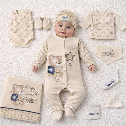 Neugeborenen Erstausstattung „Sweet Bear“ – 10-teiliges Baby-Set | Overall, Body & Zubehör