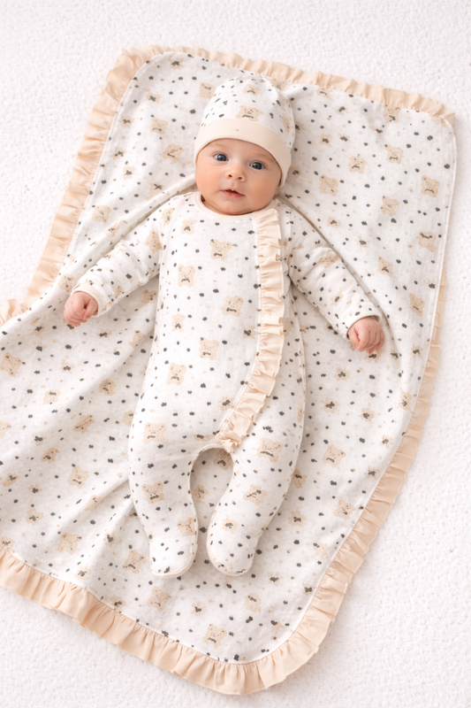 Baby Mädchen Erstlingsset 5-teilig – Strampler, Mütze, Lätzchen, Handschuhe & Decke mit Bärchenmotiv