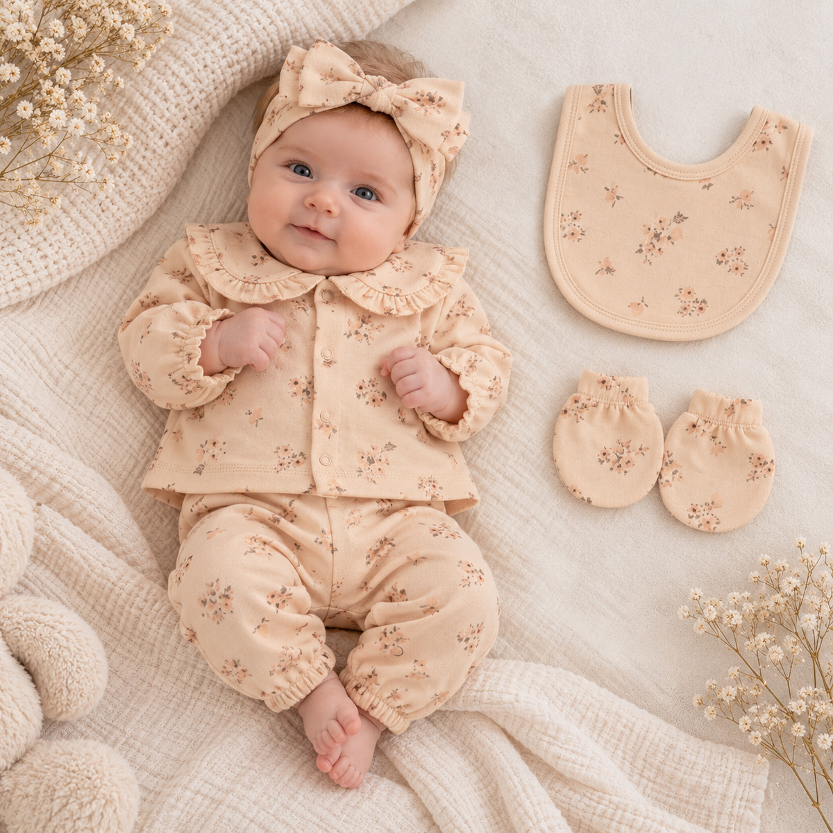 Erstlingsset Beige Blumenmuster 5-teilig