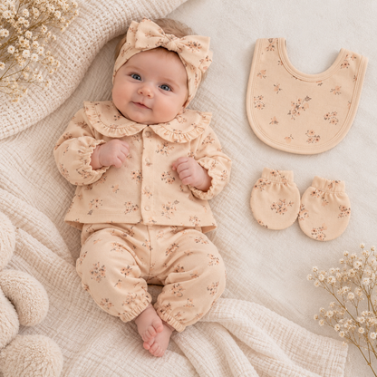 Erstlingsset Beige Blumenmuster 5-teilig
