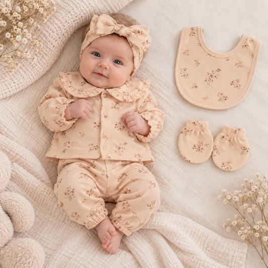 Erstlingsset Beige Blumenmuster 5-teilig
