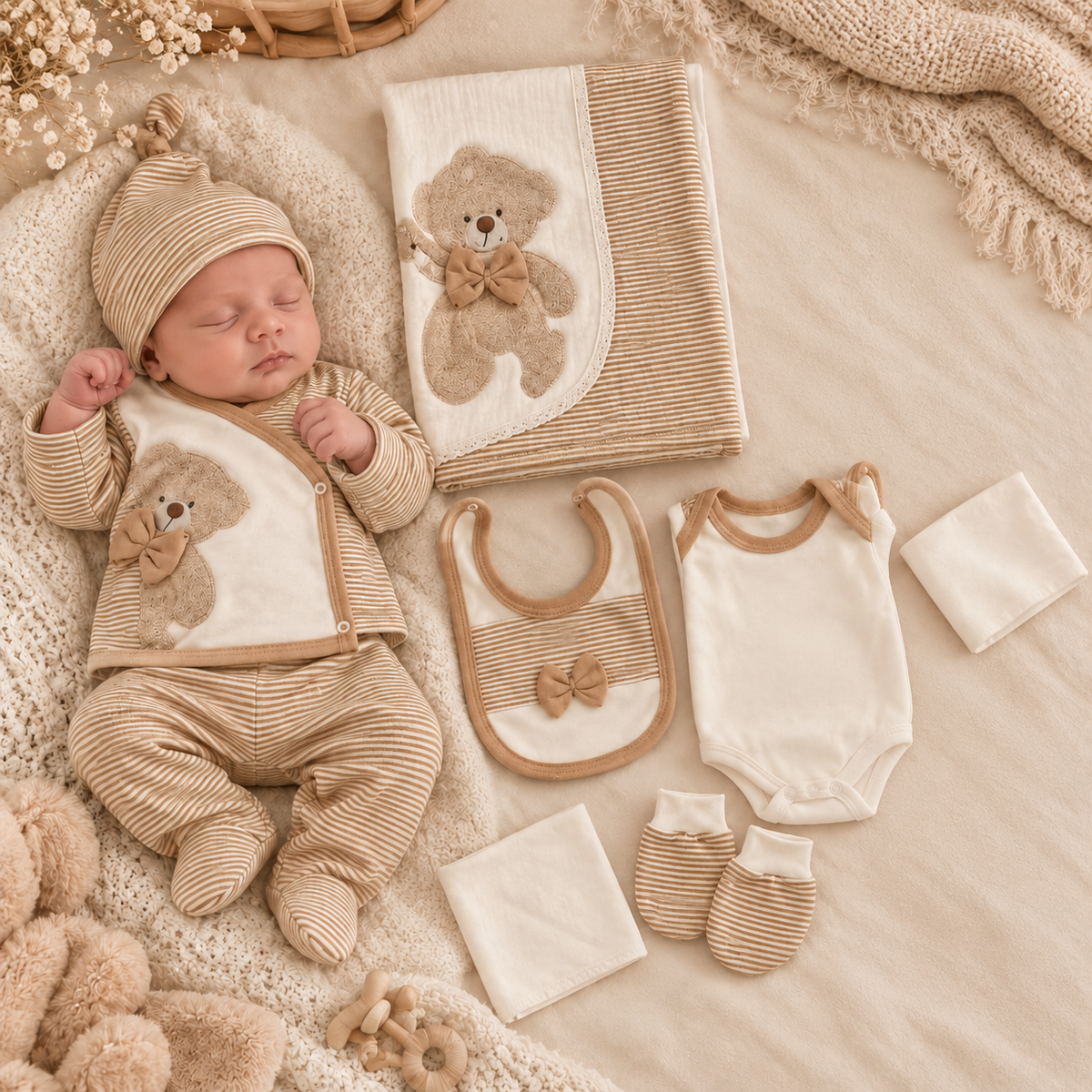 Baby-Erstlingsset 10-teilig – Braun/Weiß mit Bärchen-Motiv Gr. 50 / 56