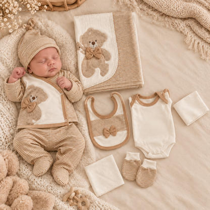 Baby-Erstlingsset 10-teilig – Braun/Weiß mit Bärchen-Motiv Gr. 50 / 56